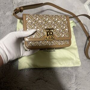 Burberry Tan & Cream TB Monogram Crossbody Bag with Gold Hardware